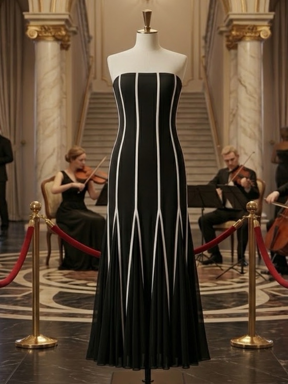 Issue Black Strapless Gown with White Piping